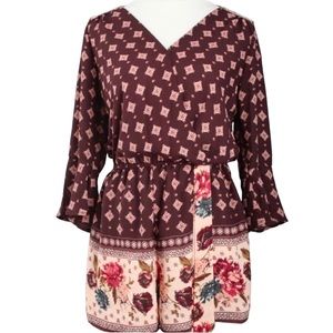 Boho Floral Belted 3/4 Long Bell Sleeve Romper by Xhilaration